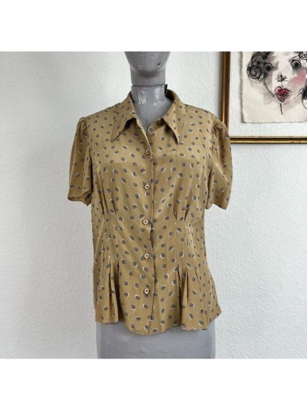 Prada Silk Circular Pattern Button Down Tan Short Sleeve Blouse Top